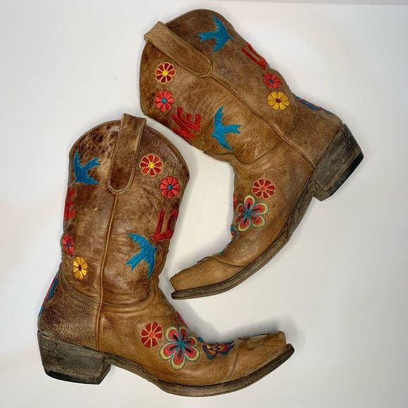 Old Gringo Brown Floral LOVE Embroidered Checruda Leather Cowboy Boots Size 8.5 - Picture 2 of 12